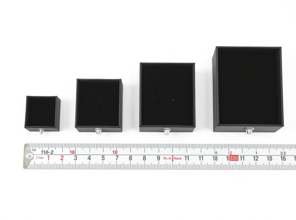 Custom jewelry box sizes comparison chart showing small, medium, and large dimensions