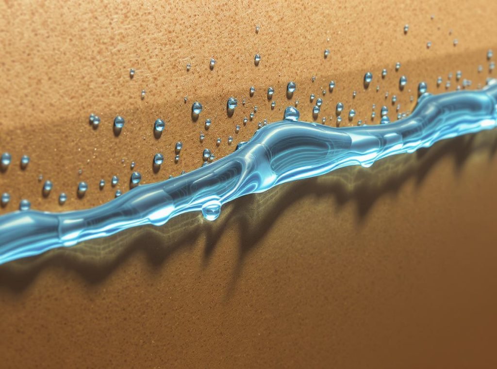 Water droplets beading on hydrophobic coated cardboard surface showing protection mechanism