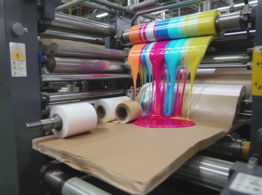 Industrial printing process adding custom colors to corrugated cardboard material