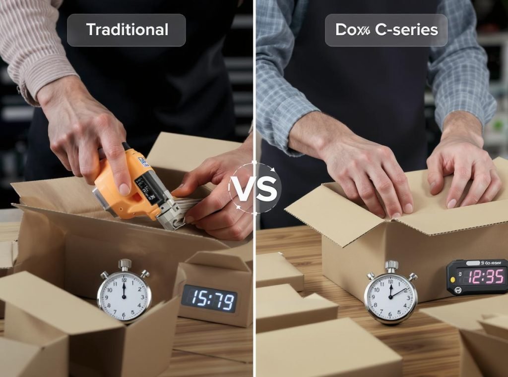 Cost comparison showing faster assembly time of C-series boxes versus traditional shipping boxes