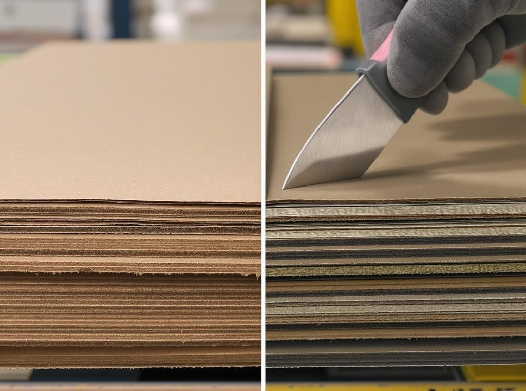 Side-by-side comparison of corrugated box cuts and score lines showing manufacturing differences