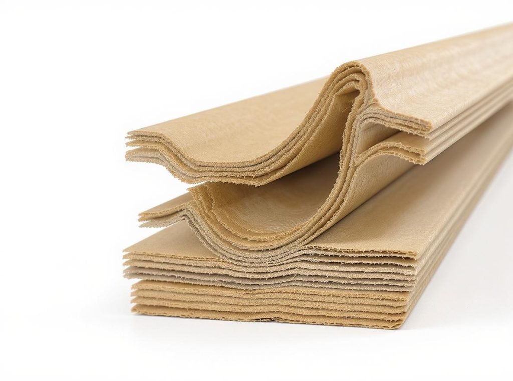 Cross-section diagram showing corrugated cardboard three-layer structure with linerboards and fluted medium