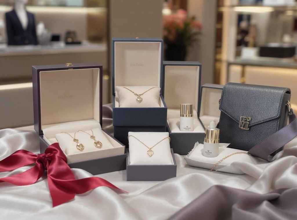 Luxury brand products in premium rigid boxes showing elegant presentation