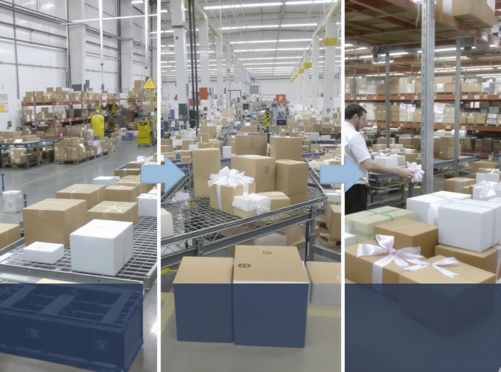 Rigid box manufacturing timeline showing ribbon pull installation sequence