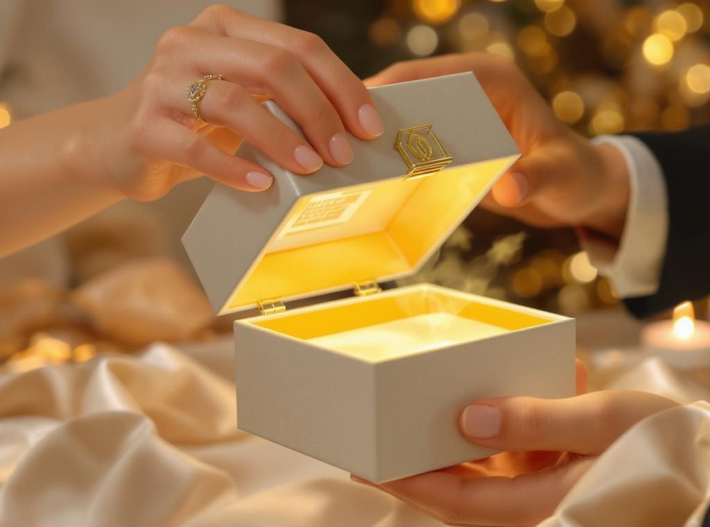 Hands opening premium rigid box creating anticipation and luxury brand perception