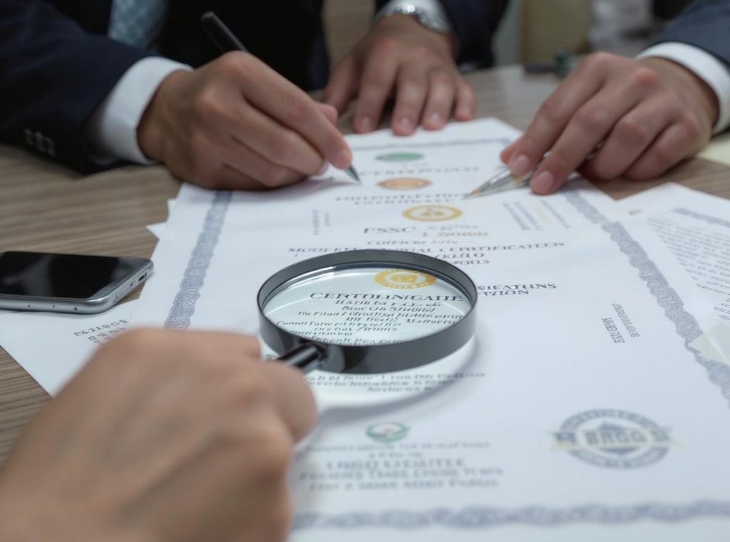 Food packaging certification documents including FSSC 22000, SQF, and BRCGS certificates under magnifying glass