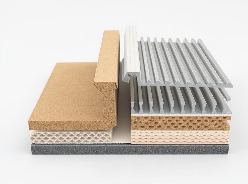 Cross-section view comparing chipboard and corrugated board internal structure and composition