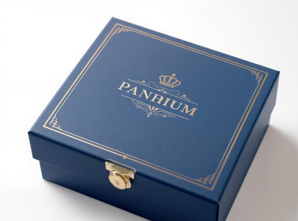 Custom hinged lid rigid box with premium branding, foil stamping, and embossing details