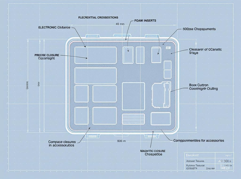 Rigid box design blueprint showing foam inserts, compartments, and clearance measurements