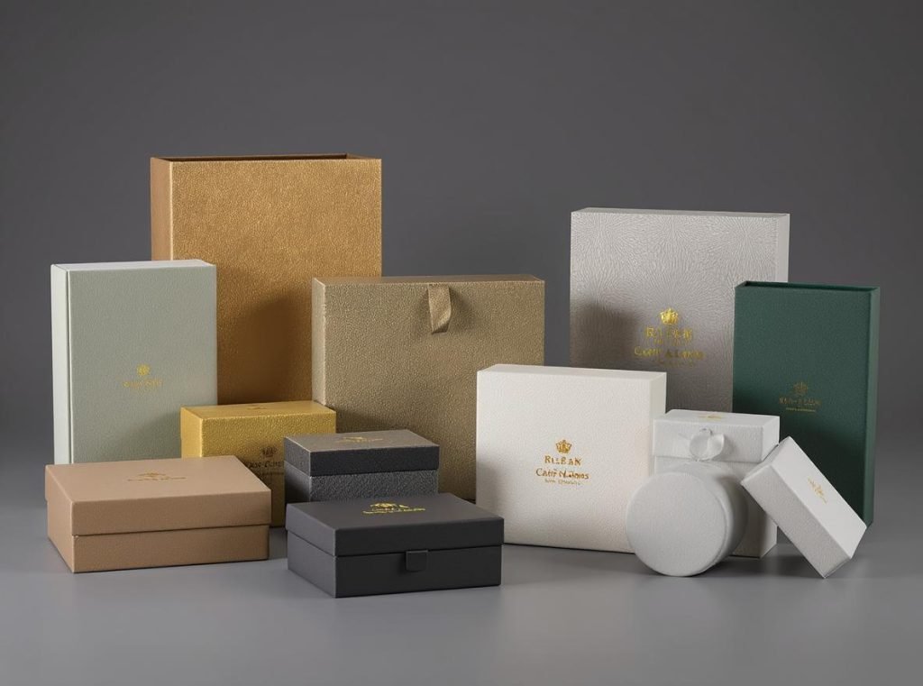 Various customization options for rigid boxes including foil stamping and premium finishes