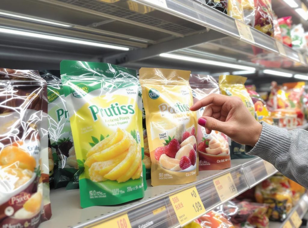 Retail shelf display showcasing attractive stand-up pouches with premium branding and consumer appeal