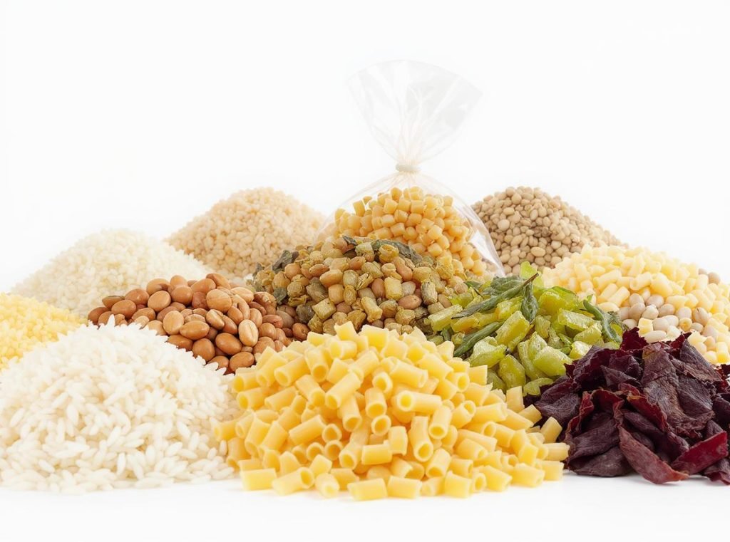 Various dry goods and foods suitable for long-term Mylar bag storage including rice, pasta, and beans