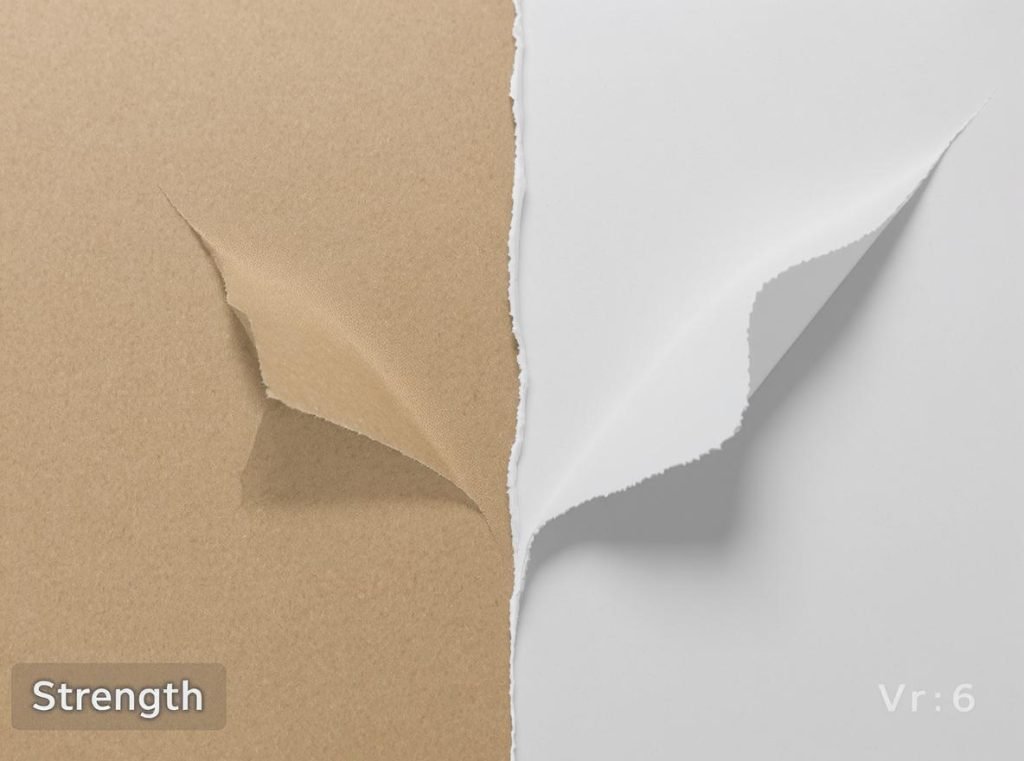 Kraft paper strength test comparison showing tear resistance differences between bleached and unbleached