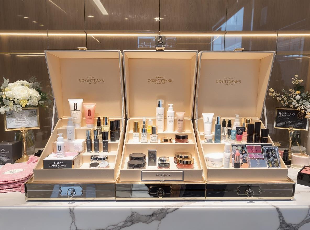 Luxury cosmetics packaged in custom collapsible rigid boxes showing premium brand presentation