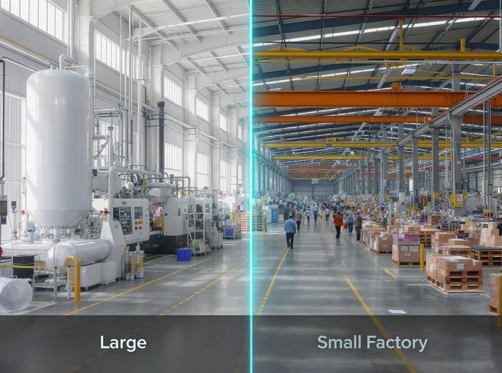 Comparison between large and small factories showing different MOQ flexibility approaches