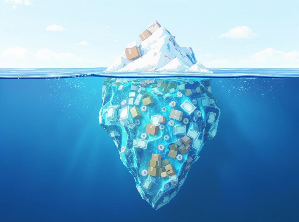 Iceberg illustration showing visible packaging costs and hidden expenses like setup fees and storage costs