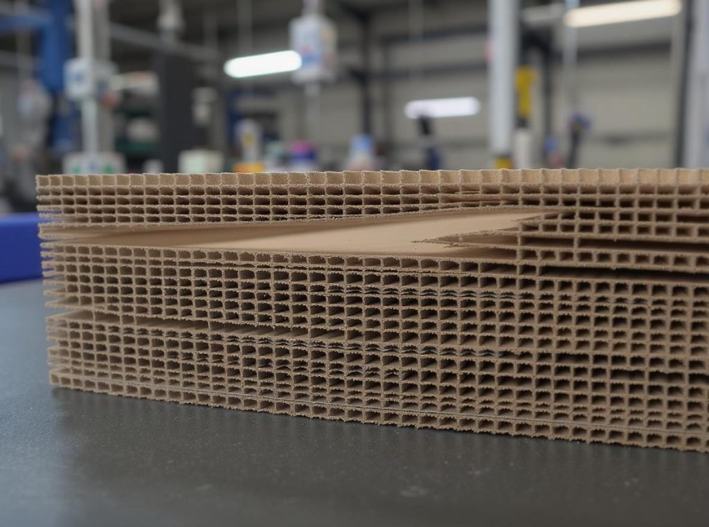 Corrugated cardboard cross-section showing material structure for ECT and Mullen strength testing