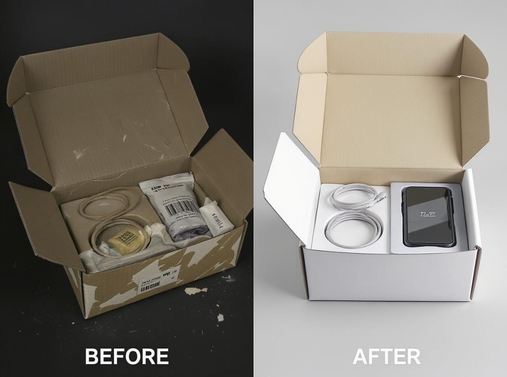 Before and after comparison showing product protection benefits of custom inserts