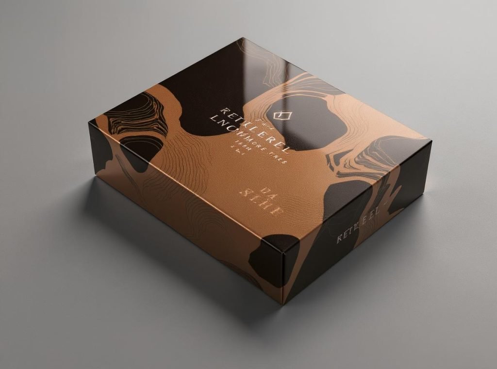 Spot UV packaging finish showing selective glossy coating creating premium contrast on matte background
