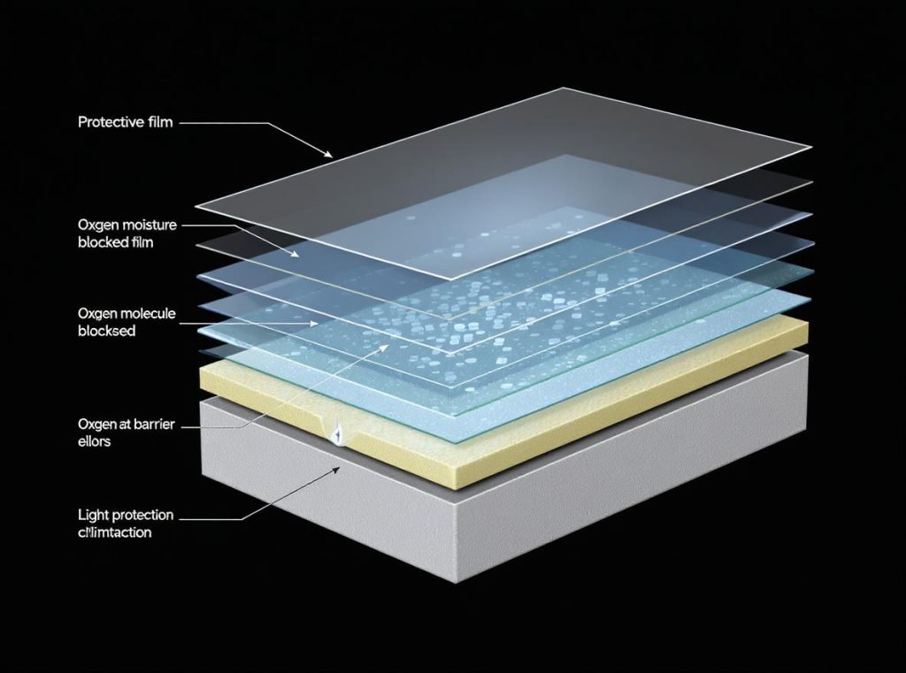 Food packaging barrier properties diagram showing oxygen, moisture, and light protection layers