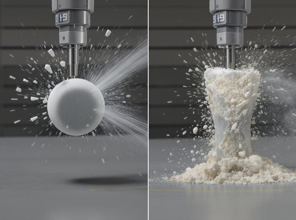 Side-by-side comparison of foam and molded pulp inserts showing protection performance differences