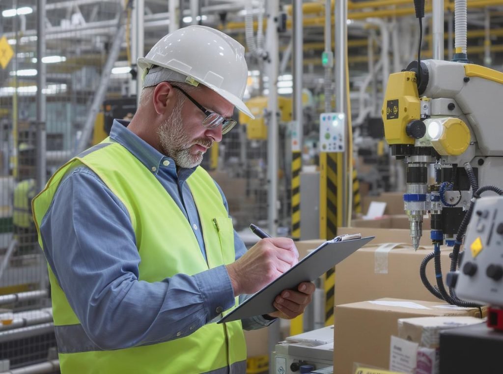 Quality control inspector examining packaging products in manufacturing facility