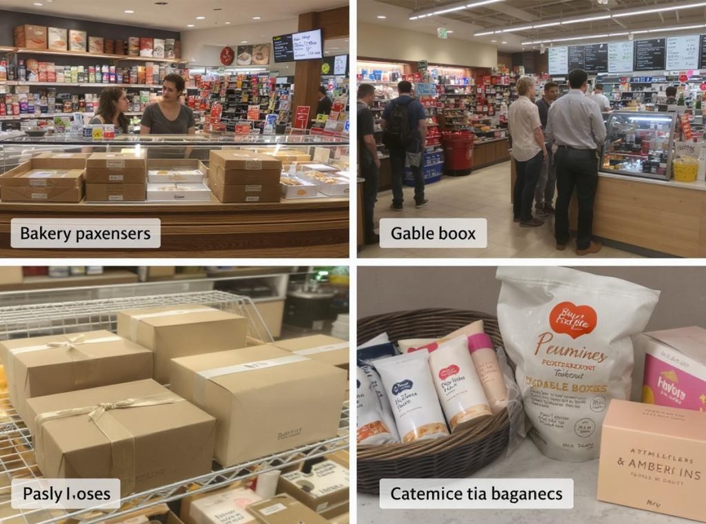 Retail applications of gable boxes in bakery, restaurant, and cosmetics settings