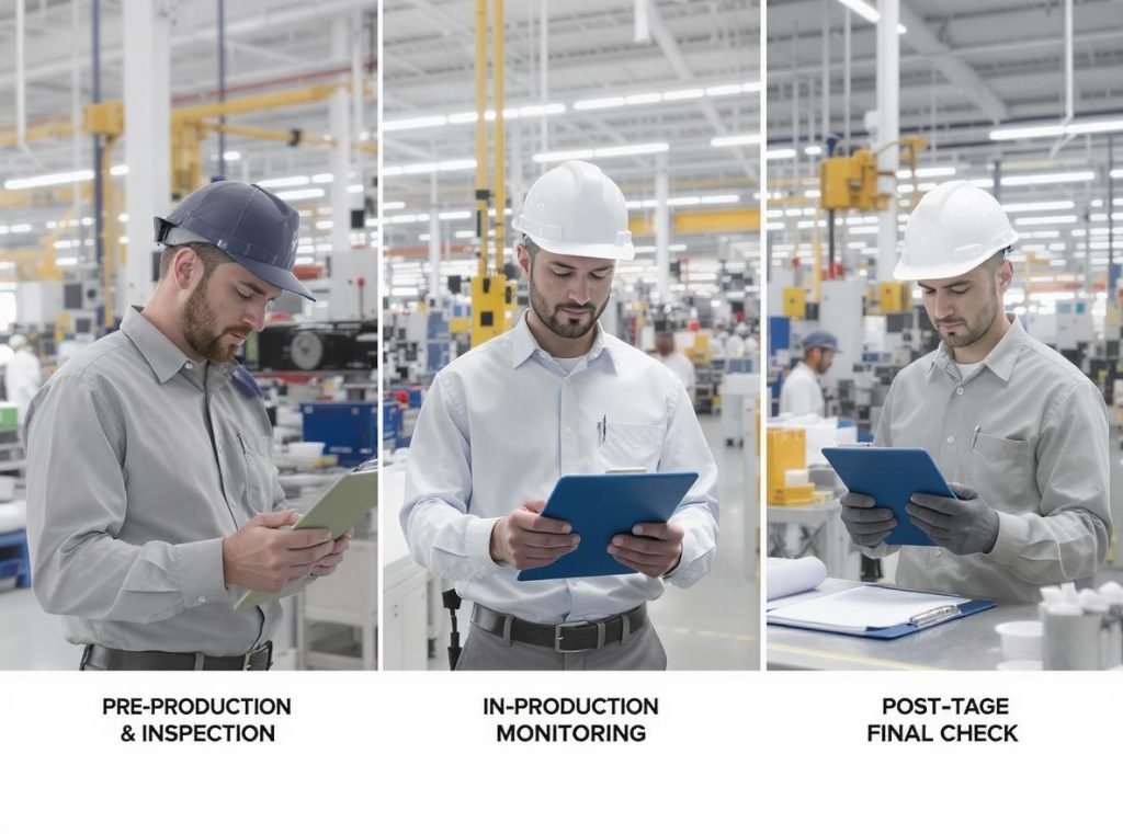 Three-stage quality control process showing pre-production, in-production, and post-production inspections