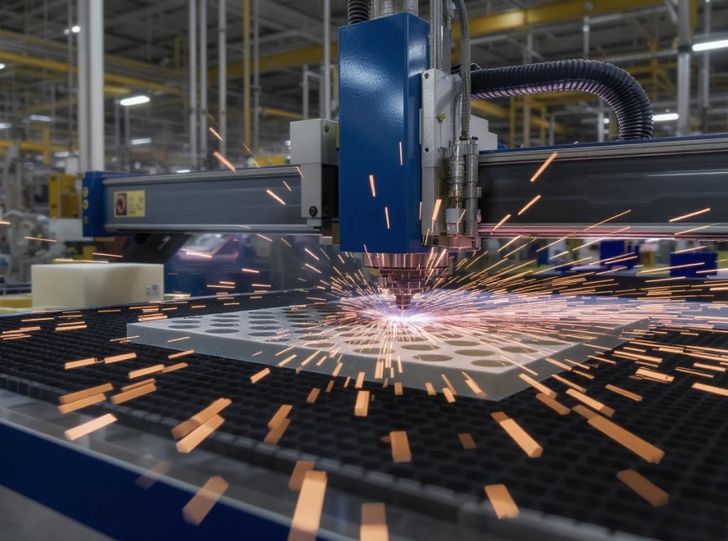 Laser cutting machine creating custom foam inserts for fragile item packaging