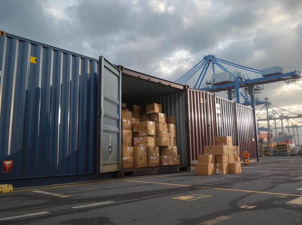 Export shipping containers loaded with triple wall corrugated boxes at international cargo port