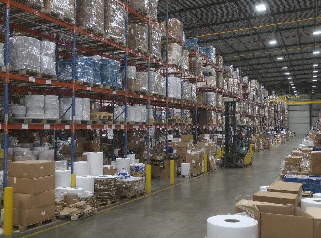 Warehouse with packaging raw materials including paper rolls and cardboard sheets
