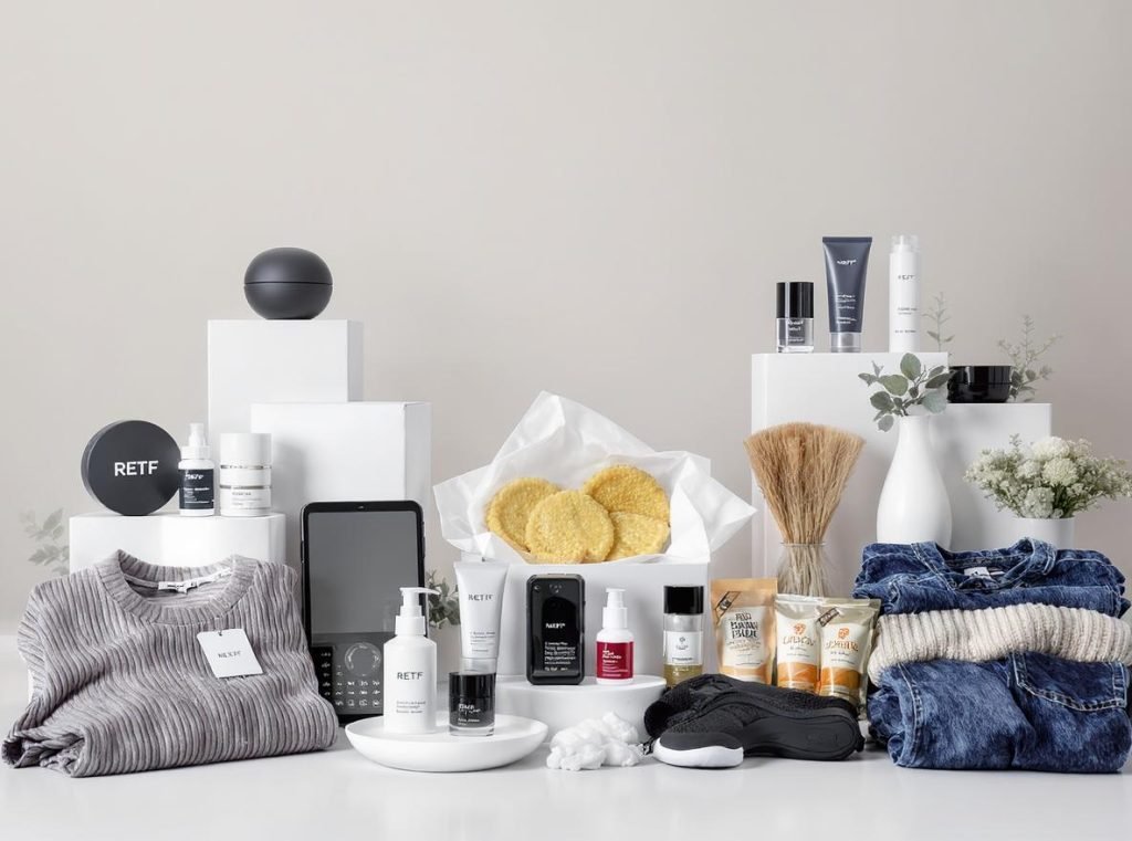 Various industry products packaged in RETF mailer boxes including cosmetics and electronics