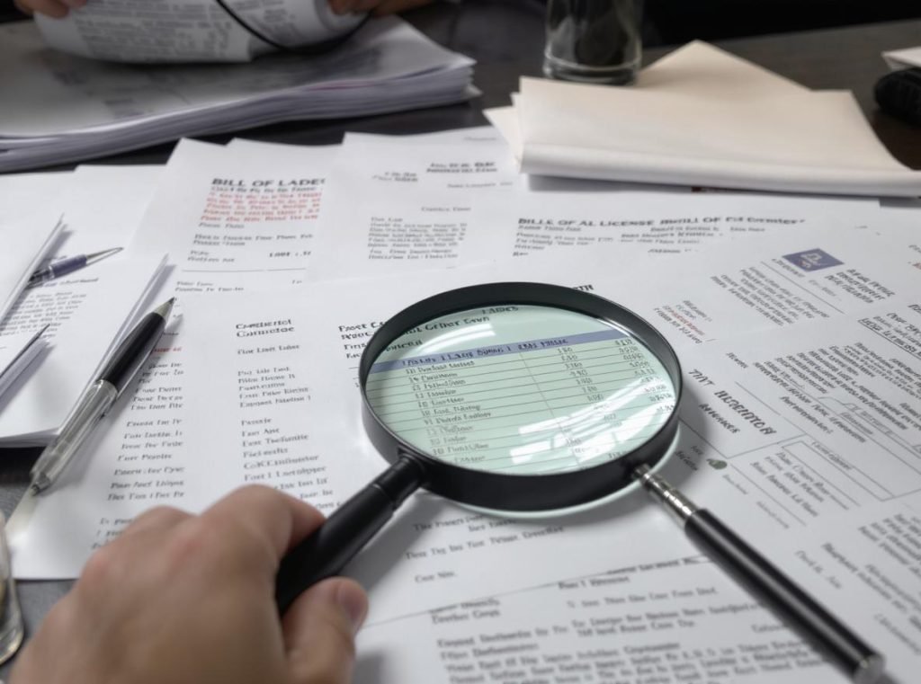 Export documentation verification including bills of lading and commercial invoices