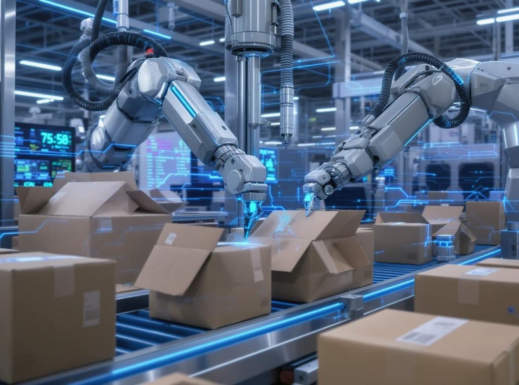 Robotic automation system efficiently processing C-series boxes on high-speed packaging line