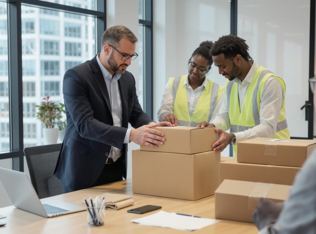 Business professional inspecting corrugated box quality and structural integrity