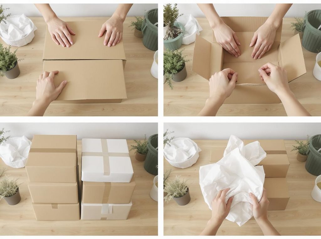 Step-by-step corrugated box recycling preparation showing flattening, cleaning, and proper storage