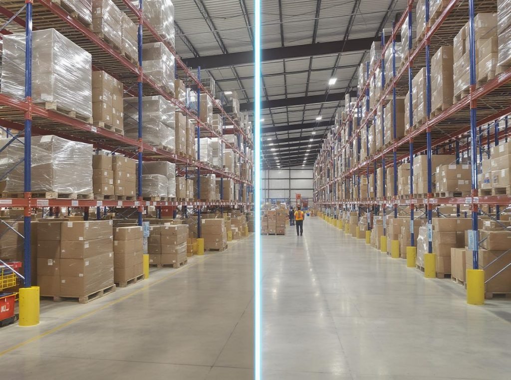 Warehouse storage comparison showing space efficiency of collapsible vs standard rigid boxes