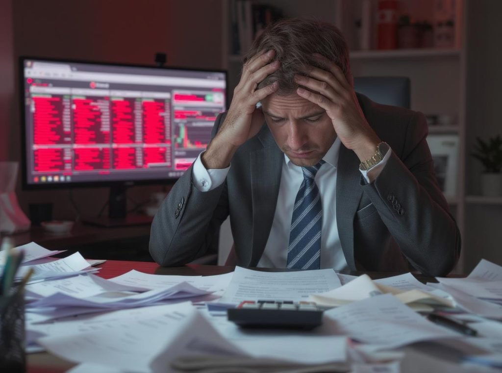 Frustrated businessman reviewing expensive manufacturing mistakes and cost overruns