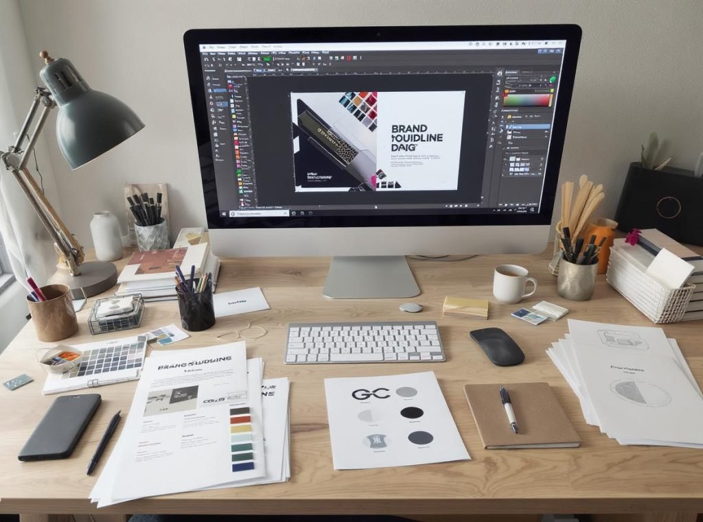 Creative design workspace with branding guidelines and packaging design materials