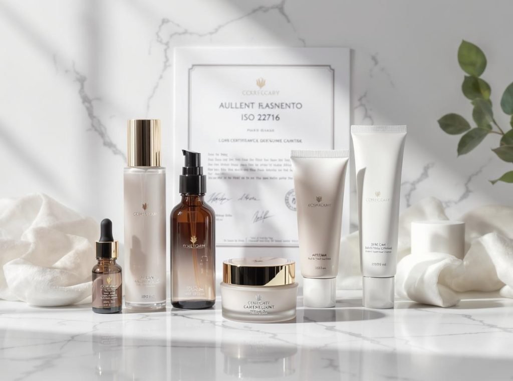 Premium cosmetic packaging samples with ISO 22716 certification for cosmetic manufacturing standards