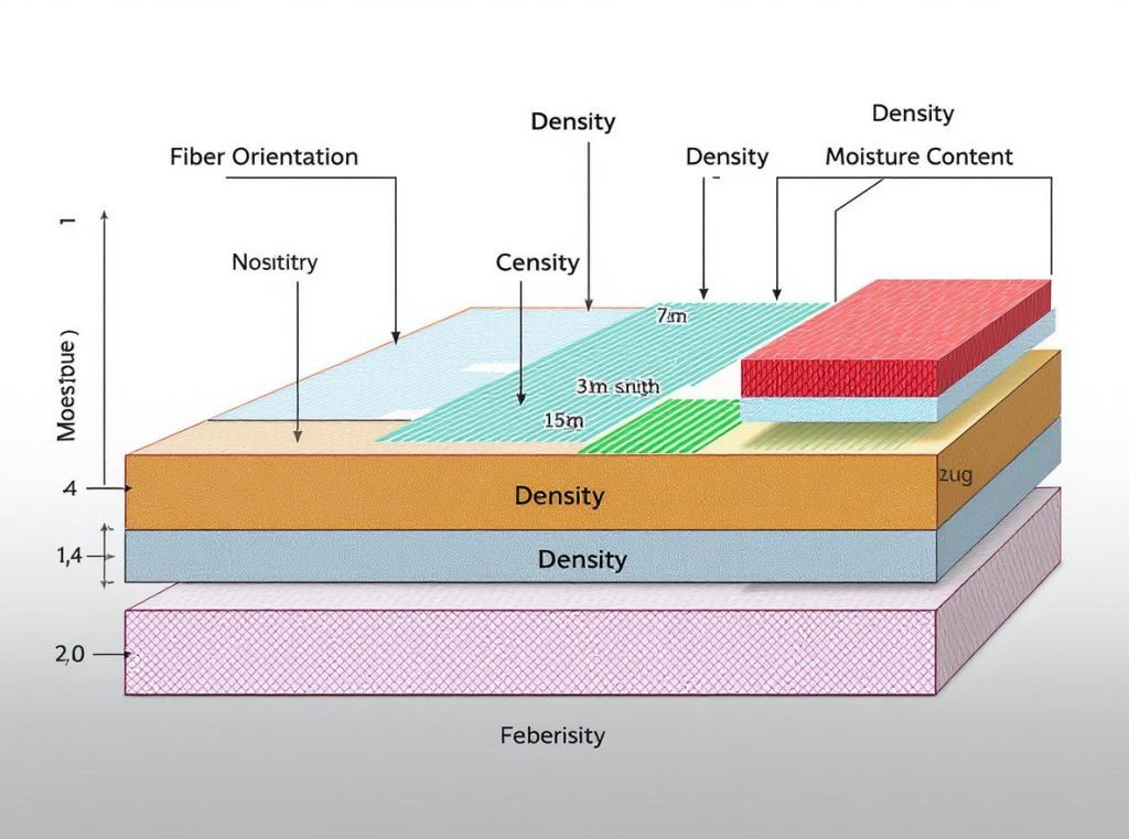 Technical diagram showing factors affecting board rigidity including fiber orientation and density