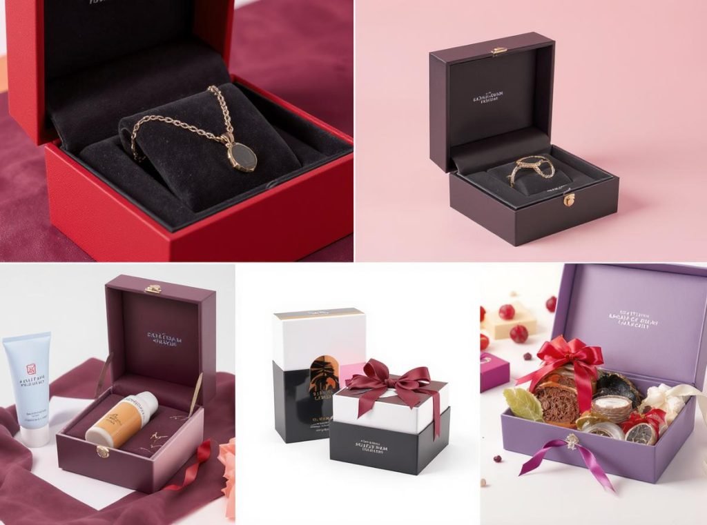 Multiple industries using rigid box packaging including jewelry, electronics, and cosmetics