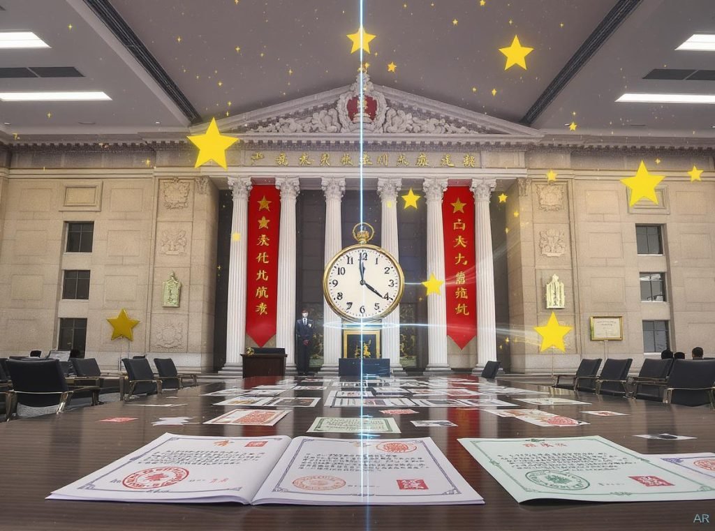 China's first-to-file IP registration system showing government building, official stamps, and registration certificates