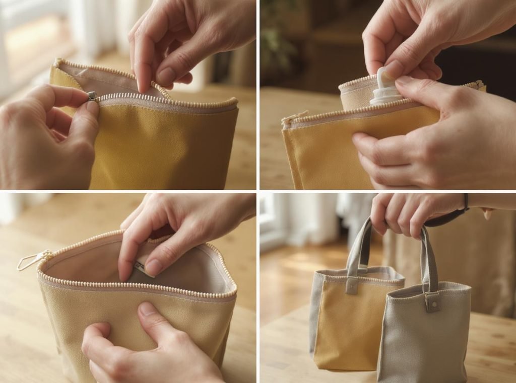 Hands demonstrating various convenience features of stand-up pouches including zippers, spouts, and handles
