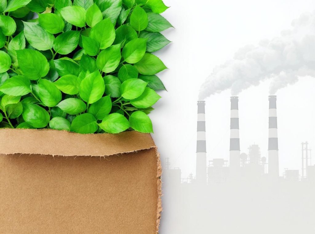 Environmental comparison showing eco-friendly unbleached kraft paper with green leaves versus industrial bleached paper