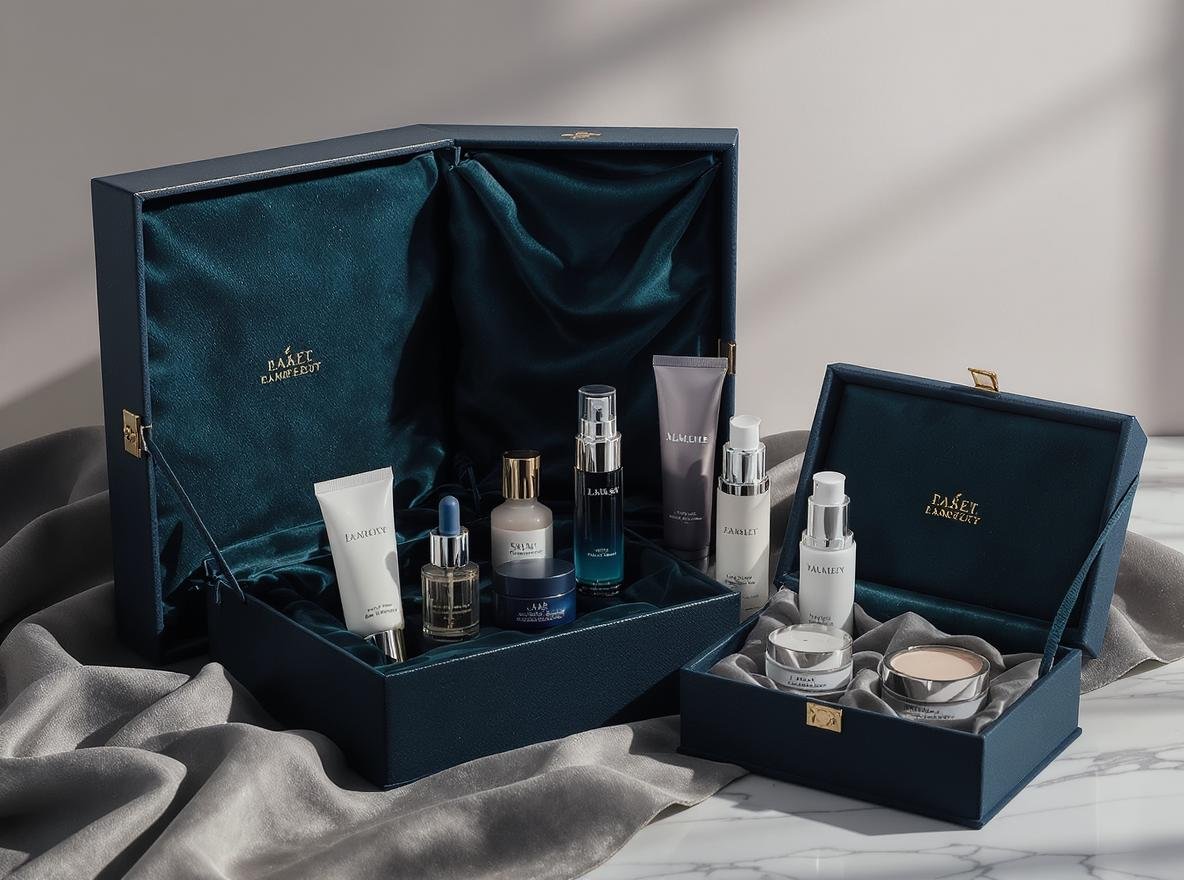 Premium cosmetic packaging using custom book style rigid boxes with luxury finishes