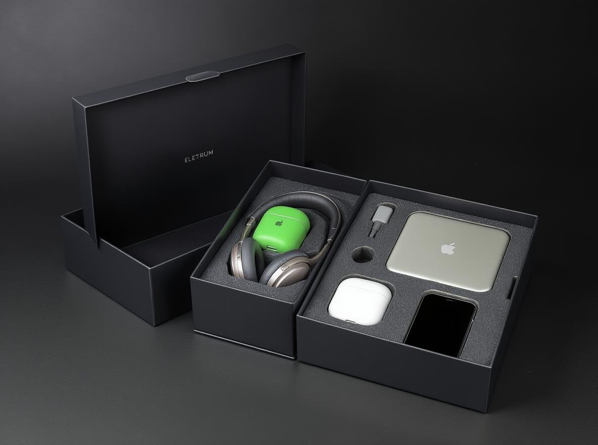 Electronics accessories in collapsible rigid boxes demonstrating secure packaging for tech products