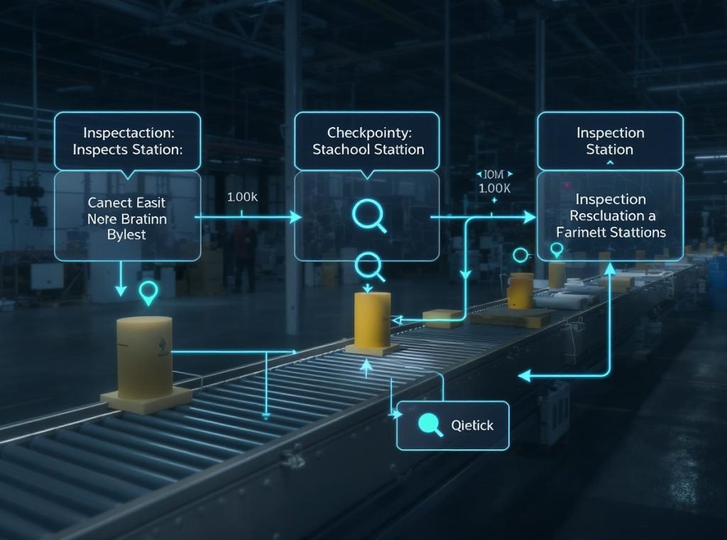 Production line showing quality control checkpoints and inspection stations