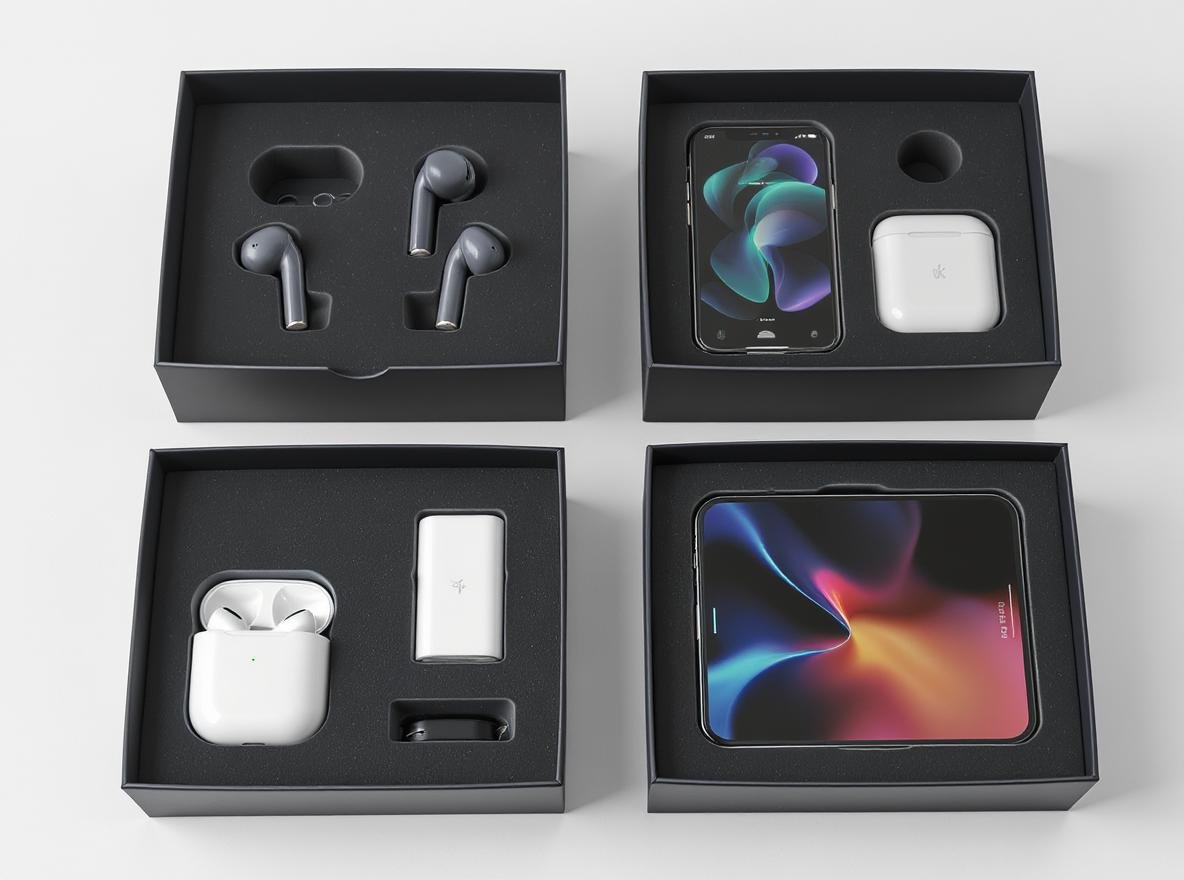 Electronic devices packaged in custom magnetic closure boxes with modern branding