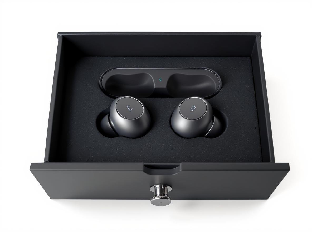 Electronics drawer box displaying wireless earbuds in premium packaging design